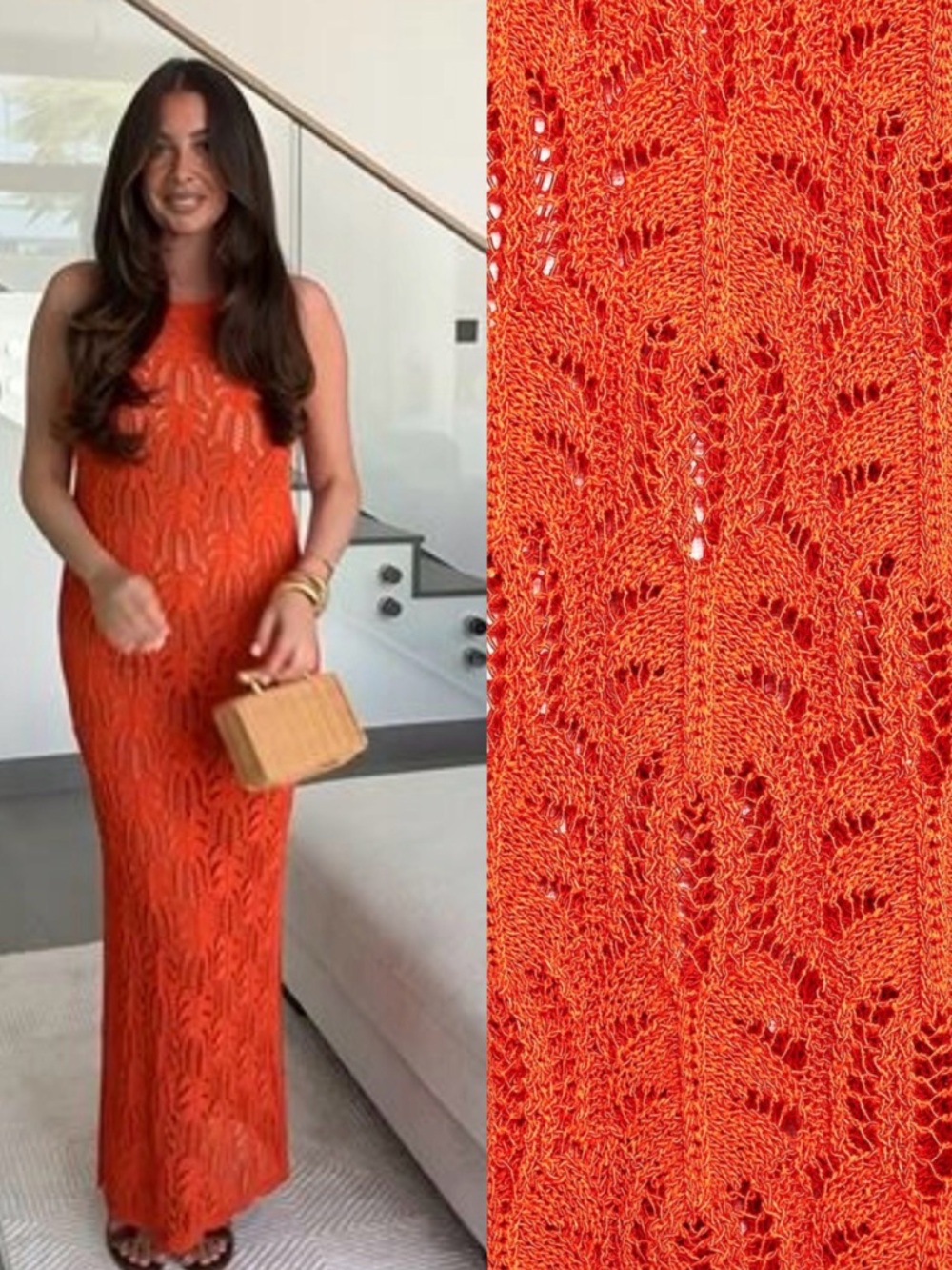 ZARA orange long crochet knitted pointelle dress size small